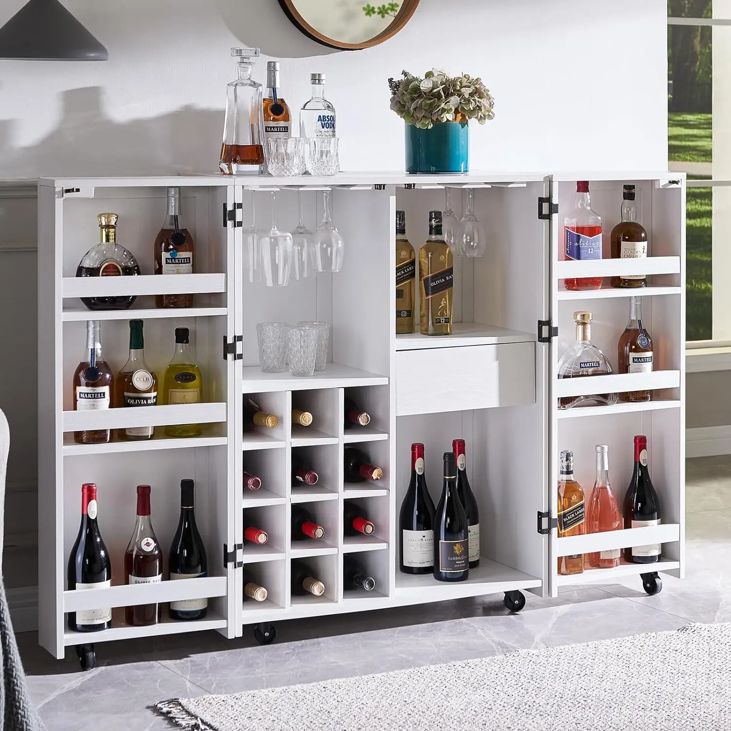 Modern Wine Cabinet Storage Organizer with 6 Shelves Drawer Vertical Stripe Design White Gold Wheeled 18.7