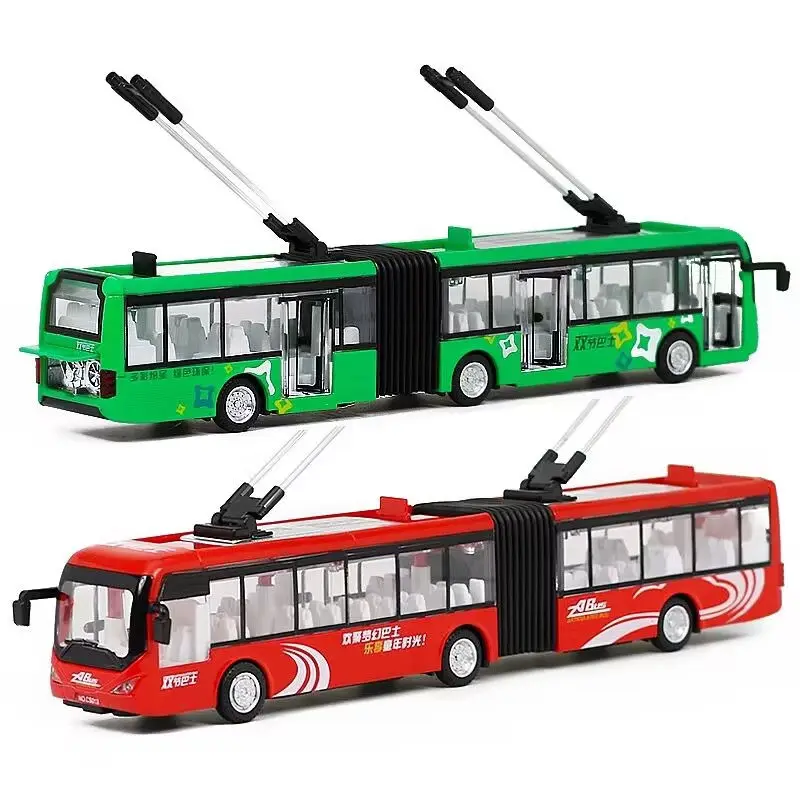 Electric Tourist Traffic Trackless Bus Alloy Passenger Car Model Metal Double Section City Bus Model Sound Light Kids Toys Gifts