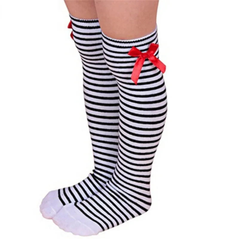 Kids Warm Winter Knee High Stockings Christmas Girls Striped Boot Bowknot Stocking White Black Gray Xmas Gifts Stocking