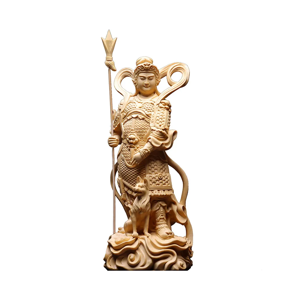 Hinoki Cypress and Boxwood Carved Erlang Shen Yang Jian Statue with Hound Celestial Protector God Sculpture for Living Room