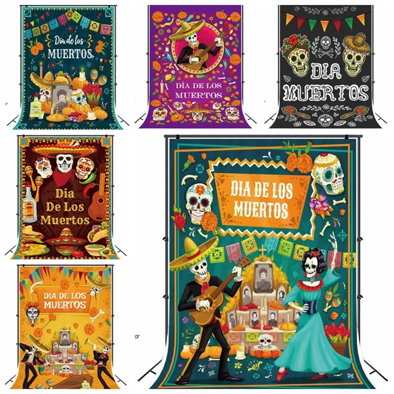 

Mexico Day of the Dead Backdrops For Photography Marigold Carnival Dress-up Dance Guitar Party Decor Backgrounds Photo Studio