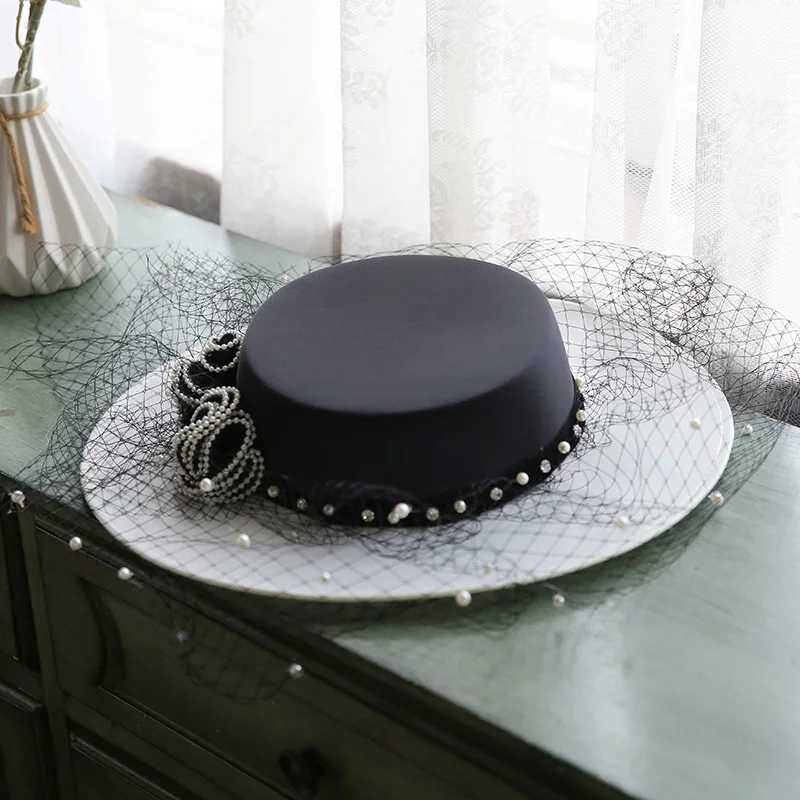 Accessori da sposa nero con cappello in raso bianco con perle perline elegante Chic tocado boda invitada Chapeau ceremonie mariage