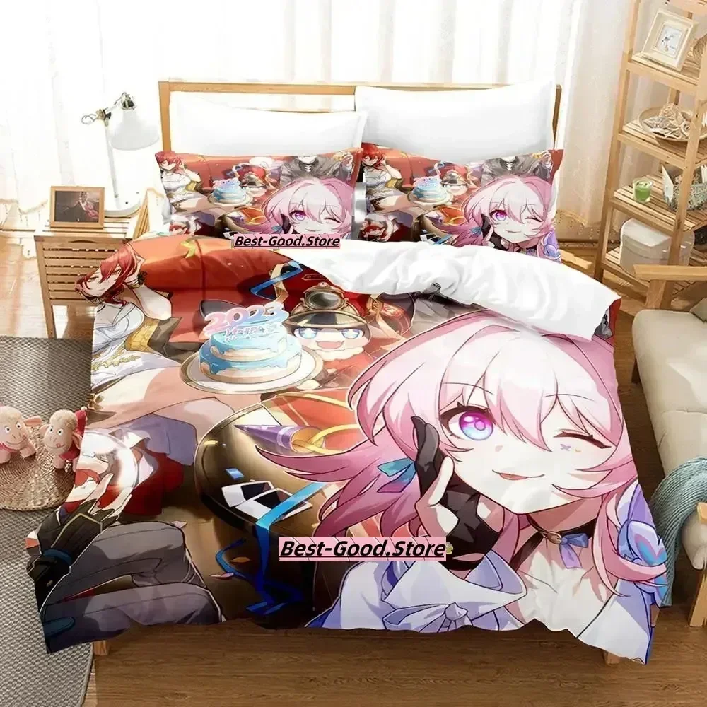 Kawaii Honkai Star Rail three-piece Bedding Set Duvet Cover Sheet Printed Pillowcase Bed Full Queen King Size Comforter Bedroom