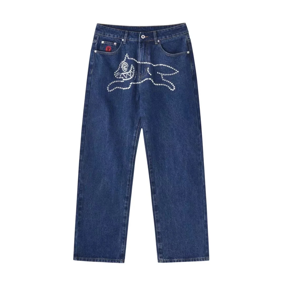 2026 Classic Geprinte Heren Straight Denim Broek Loose Fit YKK Rits Casual Denim Jeans Broek