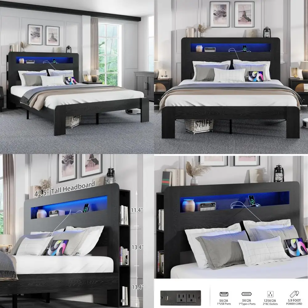 Rustic Farmhouse Style Wooden Bed Frame with Bookcase Headboard, LED Lights, and Charging Station