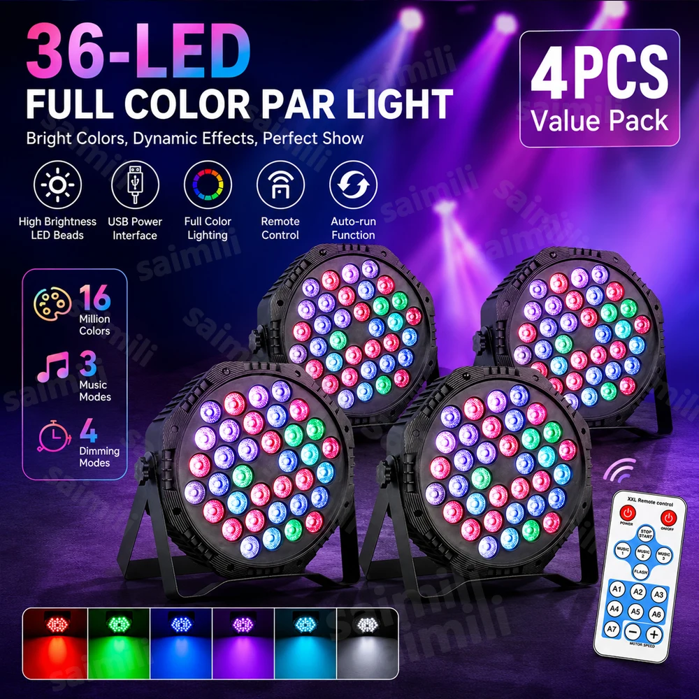 4PC 36LED USB RGB Stage Par Light DMX512 Color Changing Lamp Portable DJ Uplight For Disco Club Bar Holiday Party Stage Lighting