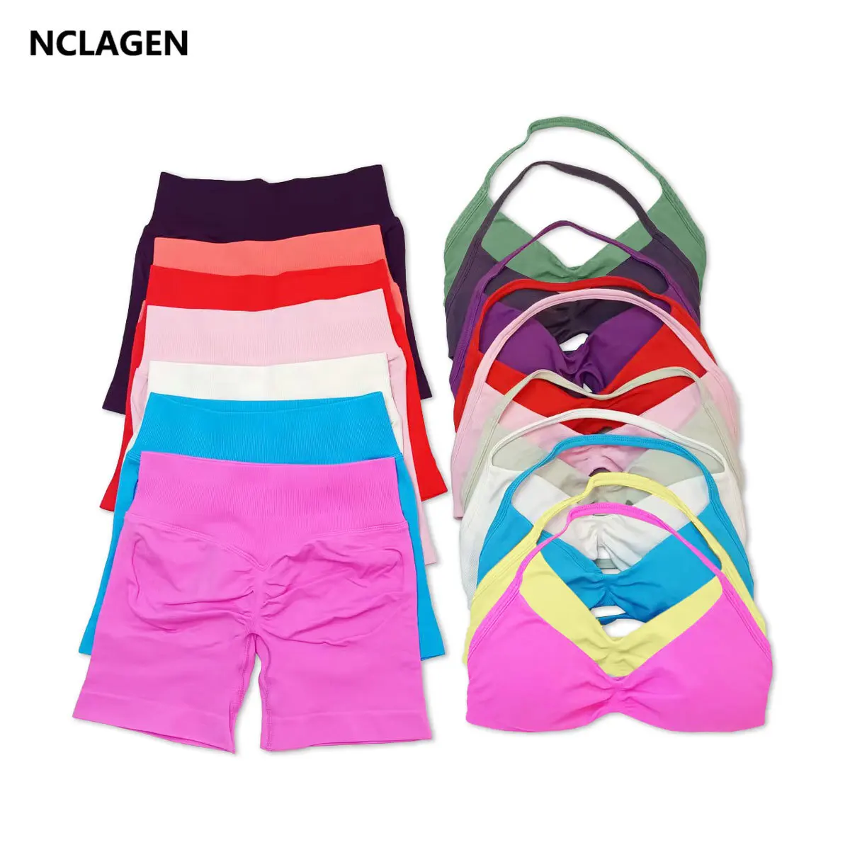 NCLAGEN-Conjunto de Yoga de 2 piezas para mujer, ropa deportiva para gimnasio, sujetador y pantalones cortos con tiras, ropa deportiva para Pilates, traje deportivo para entrenamiento y Fitness