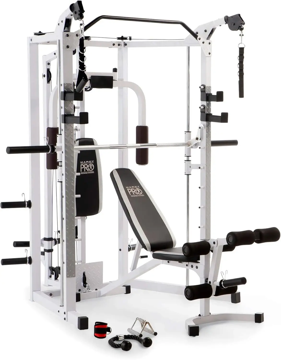 Marcy Smith Cage Machine with Workout Bench and Weight Bar Home Gym Equipment SM-4008