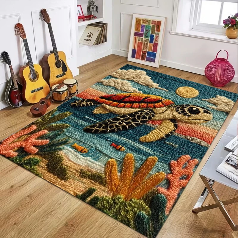 2D Sea Turtle Area Rug Underwater Wave Print Floor Mat Non-Slip Coral Shell Themed Carpet for Living Room Bedroom