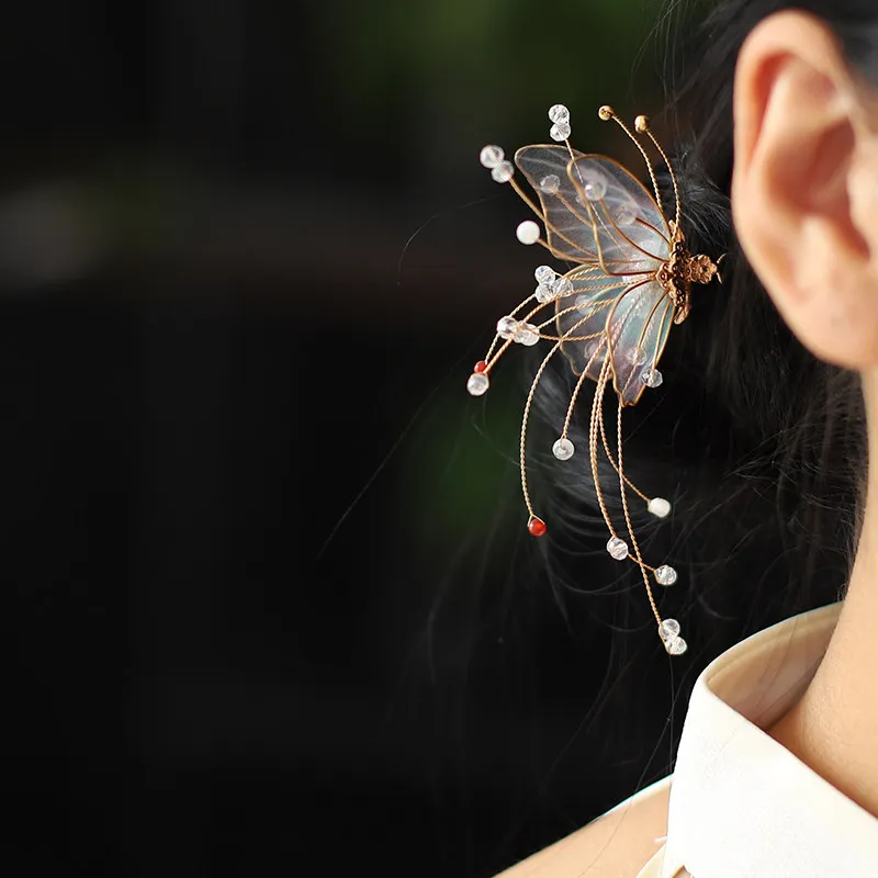 Chinese Style Auspicious Gradient Mesh Butterfly U Shaped Hairpin Crystal Beaded Tassel Traditional Hanfu Hair Accessory For Gir