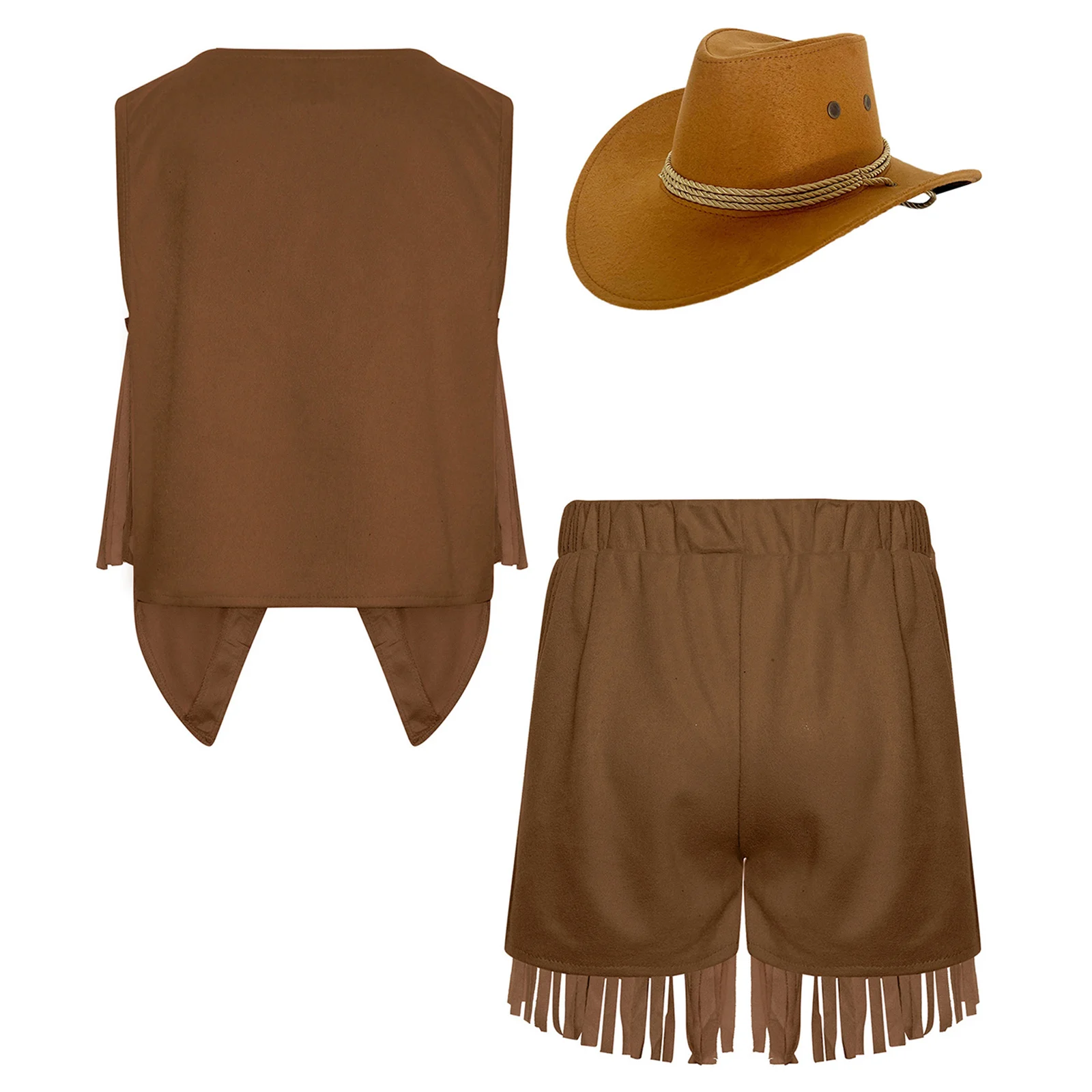 Kids Western Cowgirl Cowboy Cosplay Outfits Set Unisex Sleeveless Fringe Vest and Shorts with Hat Suit for Carnival Halloween view 4