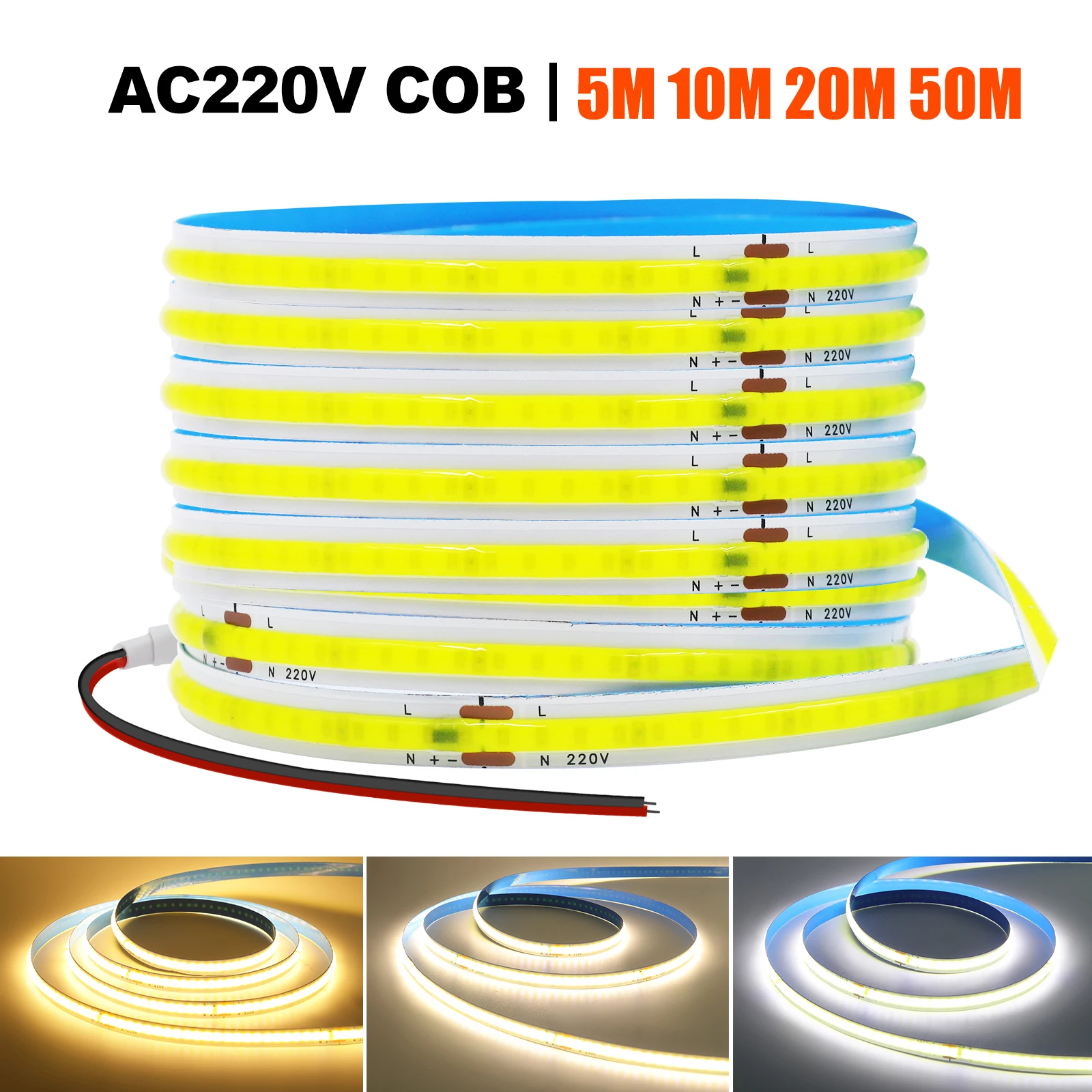 5M 10M 15M 20M 50M COB LED Strip Light 220V 240LEDs High Density Linear Light Flexible COB LED Tape with Adhesive Tape