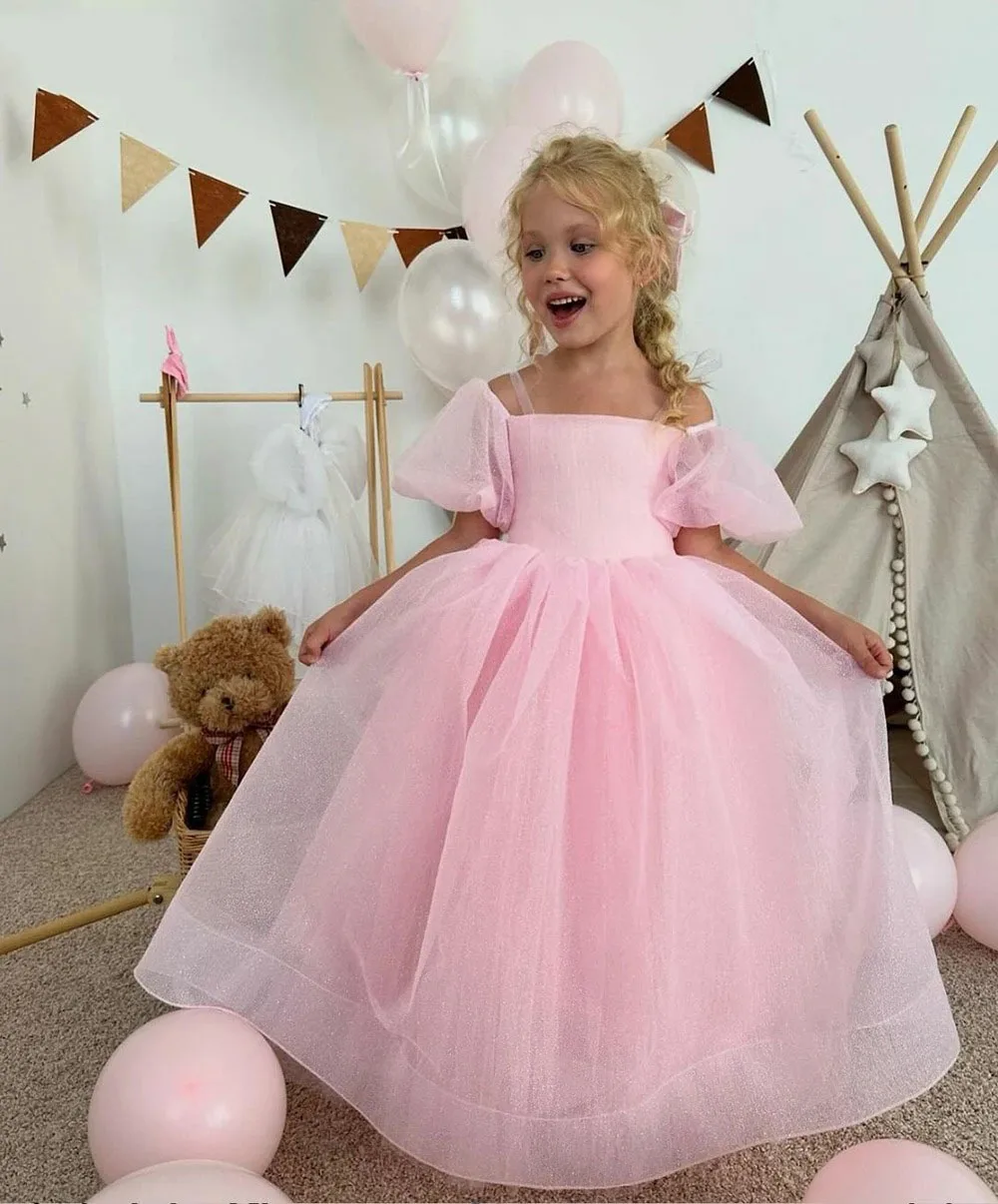 

Customized Pink Flower Girl Dress For Wedding Off The Shoulder Floor Length Girl Kids Birthday Party First Holy Communion Gowns