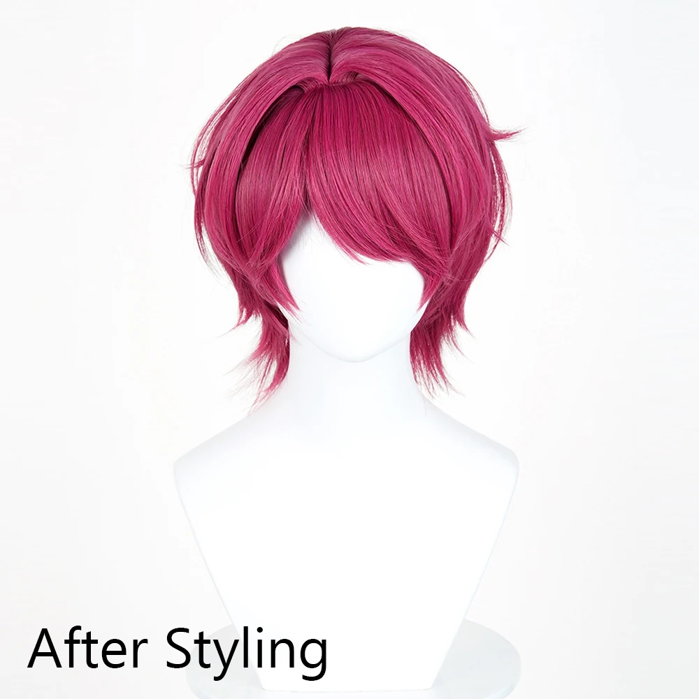 Picture 5: Rose Red Short Straight Synthetic Wigs with Bangs Anime Game Cosplay Fluffy Wig Heat Resistant for Daily Party