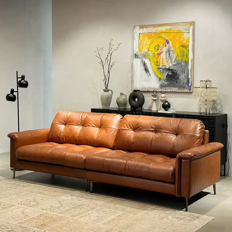

Medieval style sofa, first-layer cowhide small apartment living room sofa, French retro