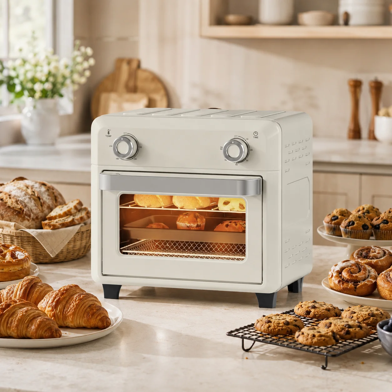 Horno Freidor de Aire Caliente de 10L, Mini Horno de Convección de 1000W para Freír al Aire, Asar, Hornear, Tostar y Recalentar
