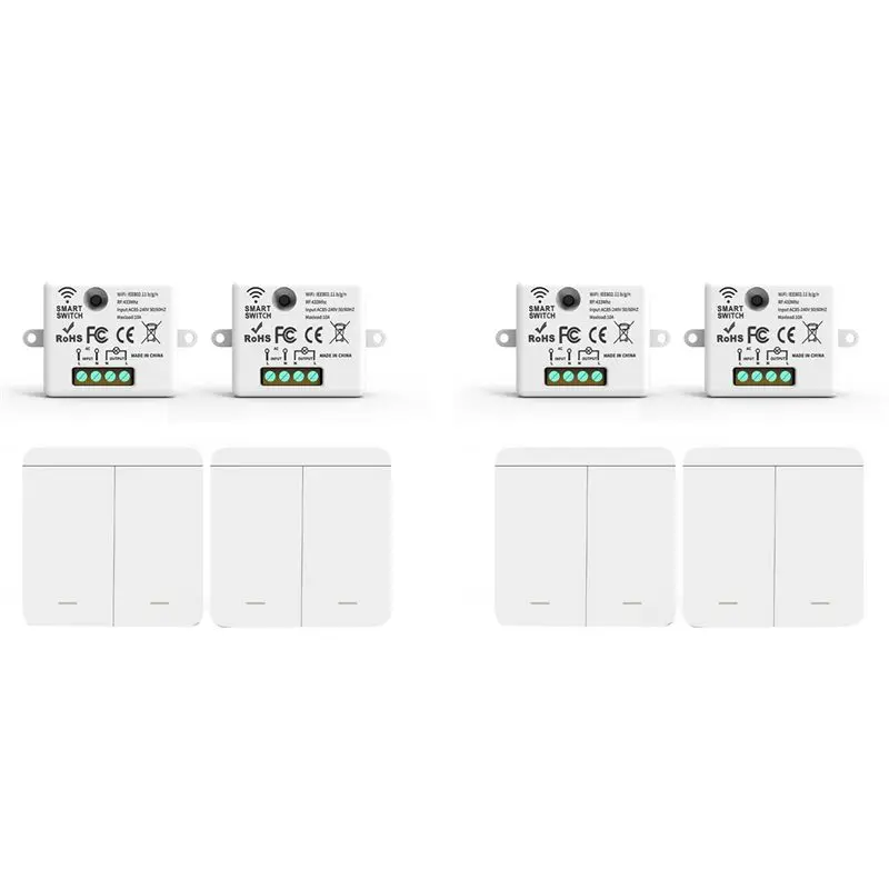 A36T-4PCS Wireless Light Wall Switch RF 433Mhz Relay Receiver With 2X 2Gang Panel Switch LED Remote Control For LED Lamp
