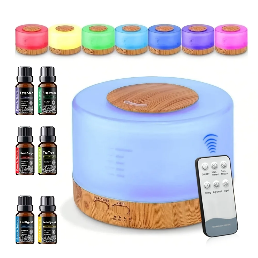 Sonic Aromatherapy Diffuser & Cool Mist Humidifier 500ml Adjustable Mist Auto Shut-Off Remote Control 7 Colors for Home & Office
