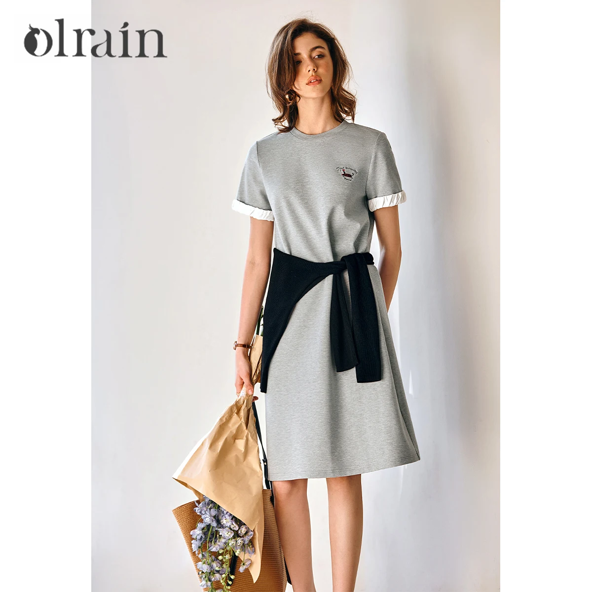 

OLrain Women Summer 2025 Gray Fashion Style Contrast Dress Loose Casual Folds Dress Embroider Midi Female Dresses O57XL96290