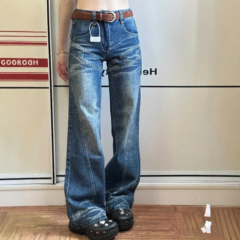 

Женские летние потертые винтажные расклешенные джинсы в стиле Харадзюку Y2K, свободные прямые джинсовые брюки с высокой талией в американском стиле, широкие брюки