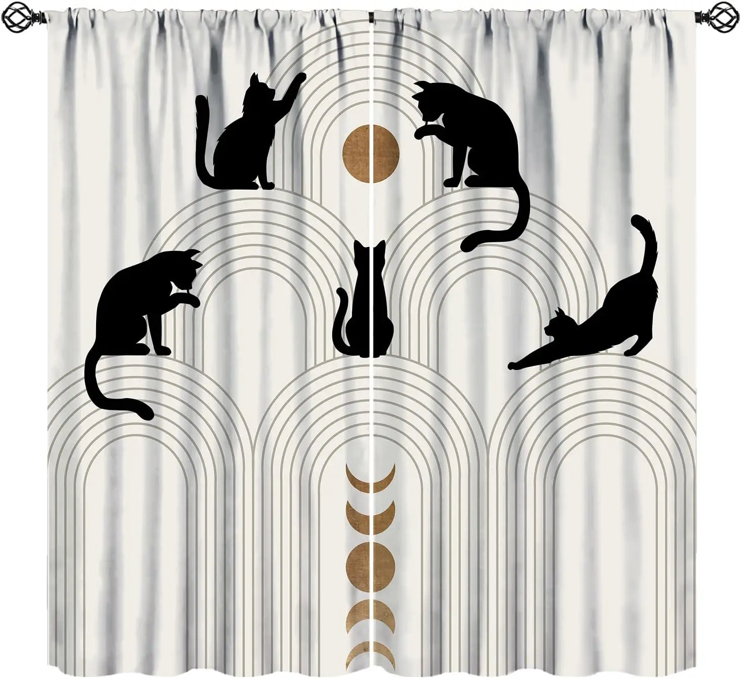 Mid Century Curtains, Abstract Black Cat Boho Geometric Aesthetic Minimalist Modern Simple Arch Moon Phase Window Treatments for
