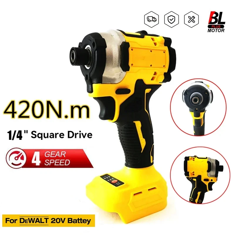 

420N.m Brushless Impact Driver Cordless Electric Screwdriver Drill 4-Speed 1/4-Inch Hex 3-LED Light for Dewalt 20v Battery