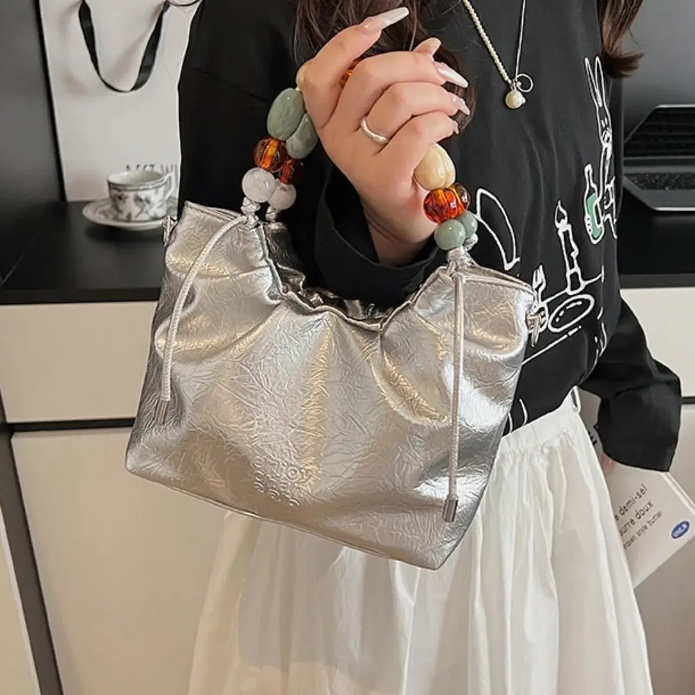 

Tote Bag Beading Handle Shoulder Bag Messenger Bags Letter Printing Silver PU Bag Crossbody Bag Korean Style