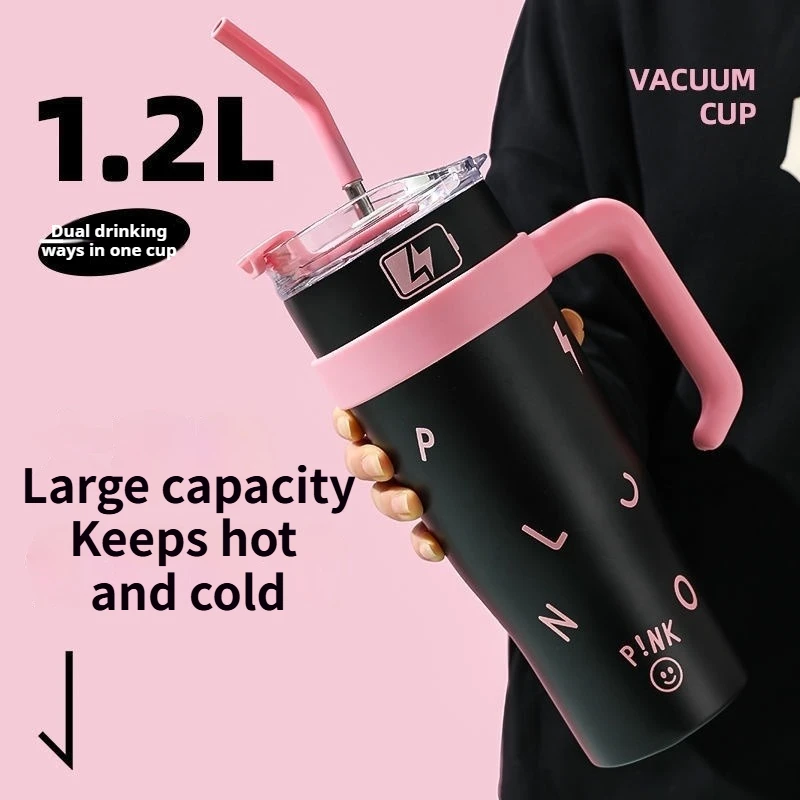 

1.2L Dual - Drink Insulated Tumbler, Sweet - Cool Black - Pink Large - Capacity Portable Straw Cup With Handle And Straw