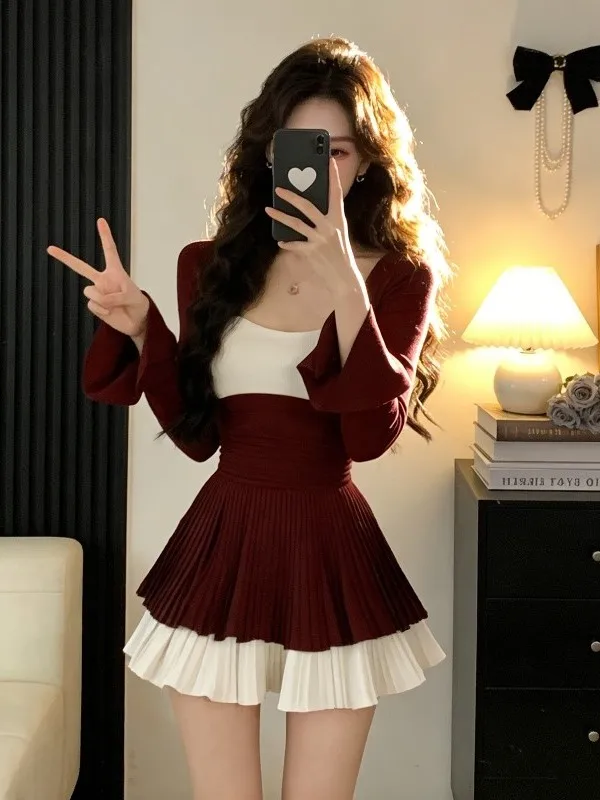 

Ele Wine Red Long Sve U-Ne Dr женская осенне-зимняя утягивающая плиссированная юбка ort Design Ladylike Sle повседневная одежда