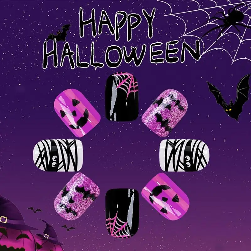 Halloween Short Press On Nails Short Nail Stickers Manicure Charm 24 Pcs Nail Art Stickers Self-Adhesive Decals Halloween Nail