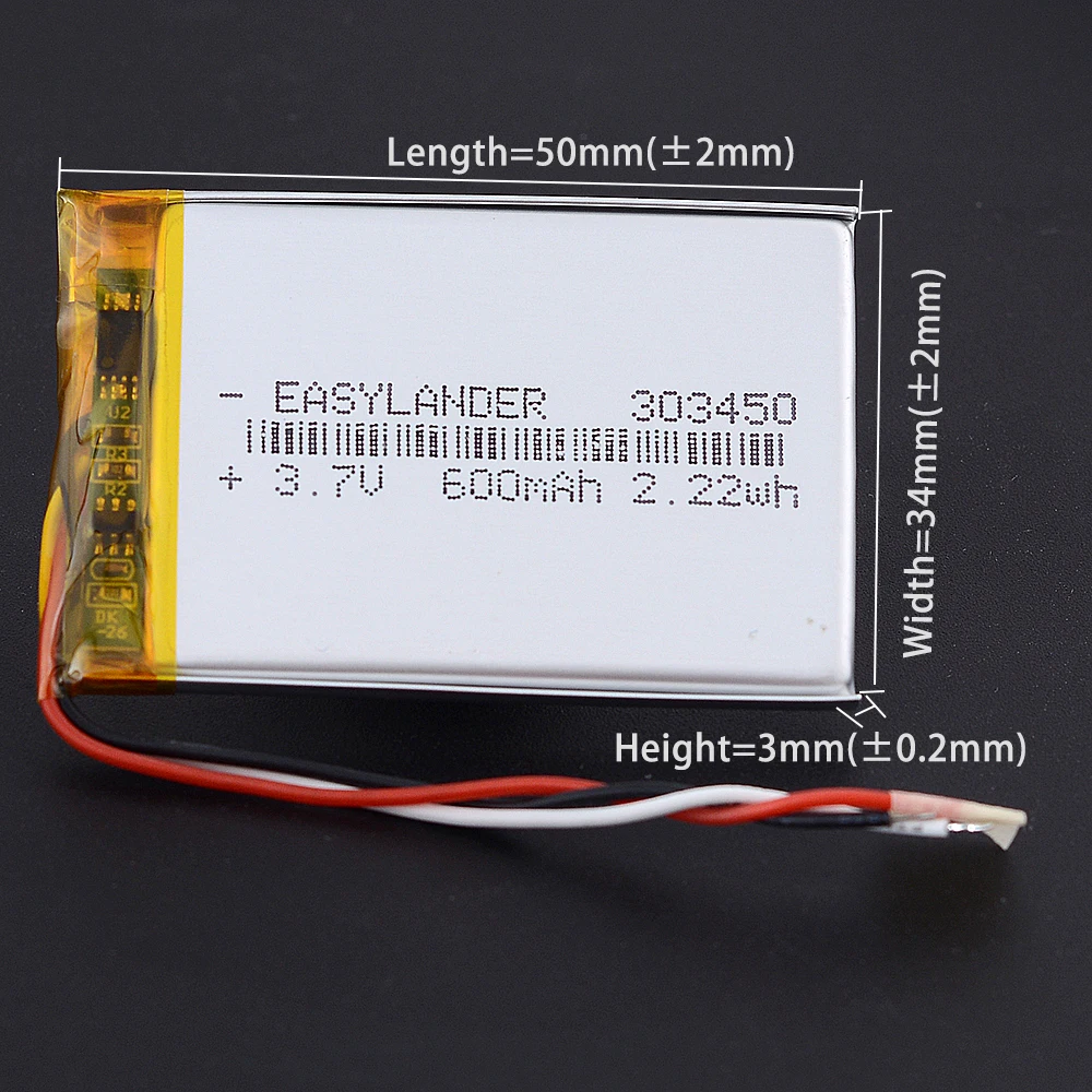  €3 VAT Included 3Wires 10Pcs/Lot 303450 3.7V 600mAh Rechargeable Li-Polymer Li-ion Battery with Silicone Wires