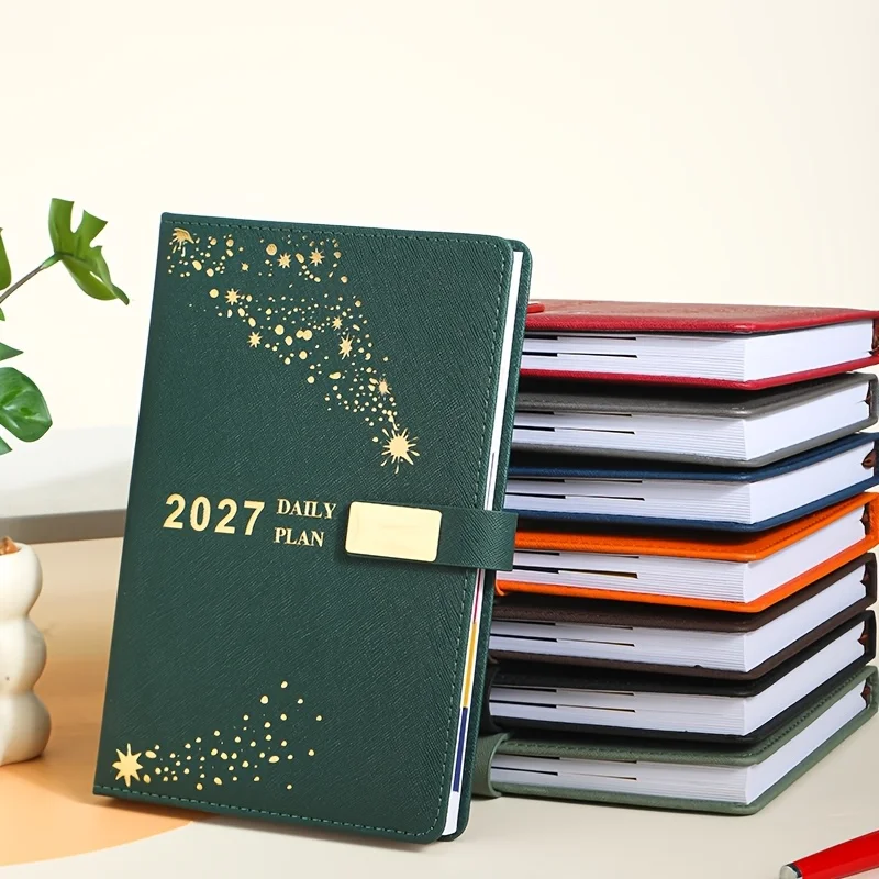 2027 A5 PU Leather Daily Planner Hardcover with Magnetic Buckle 365 Days Agenda Notebook English/Spanish Version Festival Gift