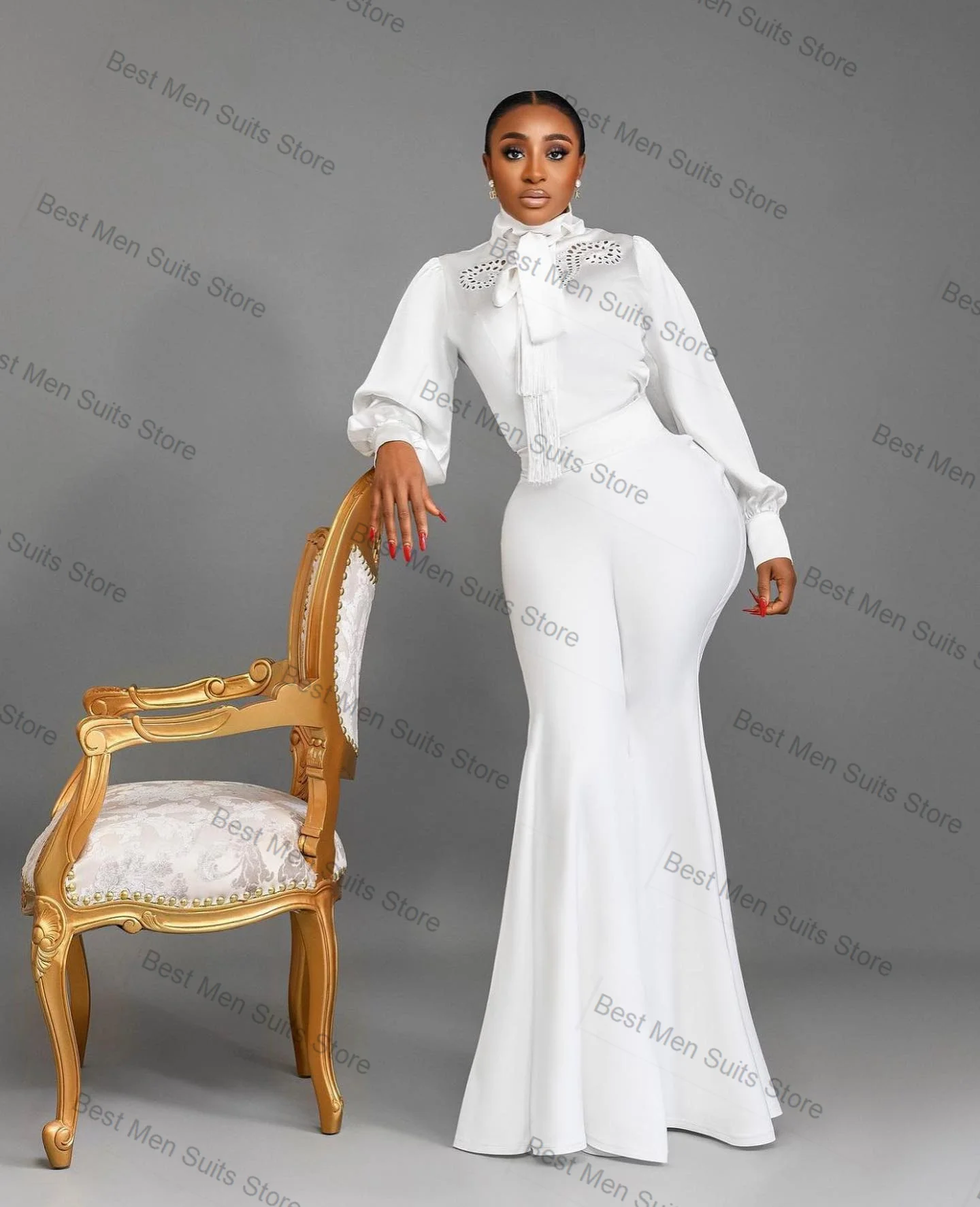 

White Women Suit Pants Set 2 Piece Beaded Blazer+Flare Trousers Formal Office Jacket Customized Wedding Tuxedos Cotton Coat