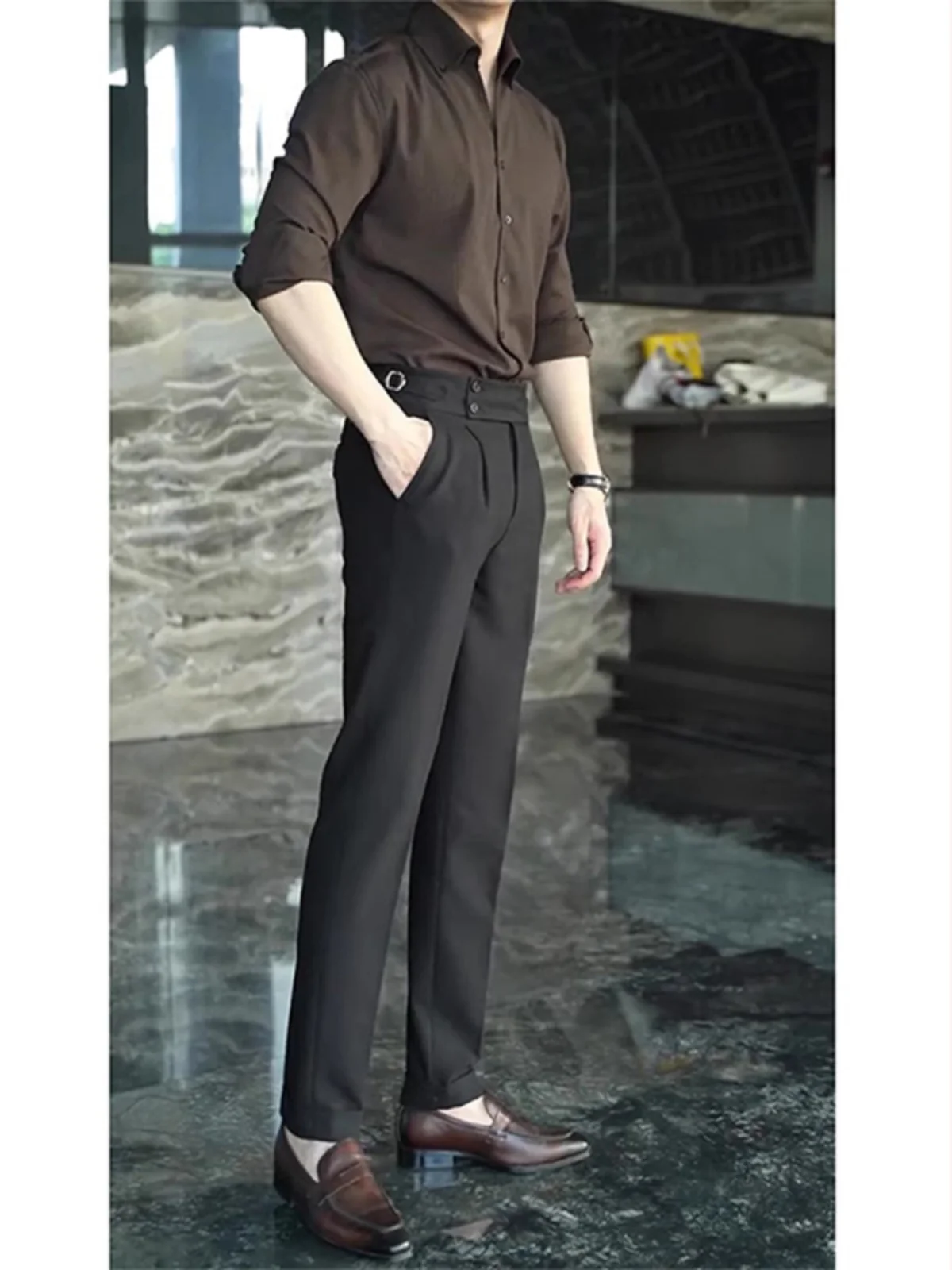 

Slim Fit Bla Straight Leg Men's Casual Suit Pants Autumn Naples Briti Sle Trendy High-End Feeling Youthful Polyester Fiber