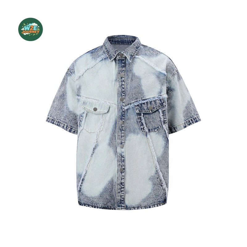 W2EJOURNEY Luxury Quality EU US Size Outdoor Wear  Washed Short-sleeve Denim Men Jean Shirt Jacket Shorts Set view 5