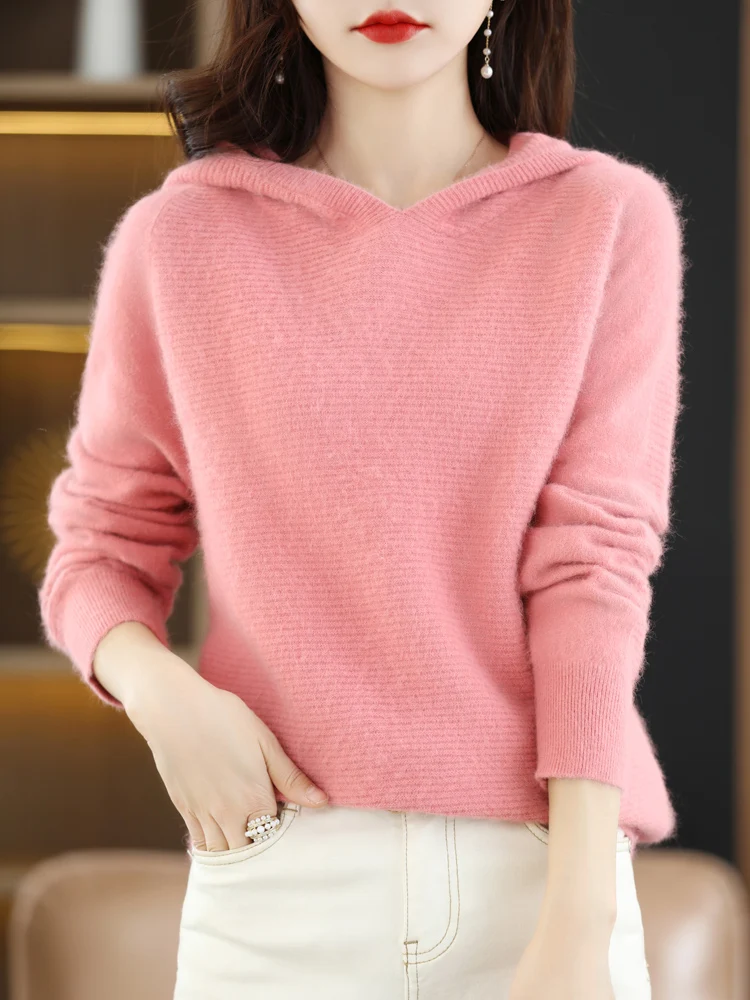 Autumn Winter New 100% Mink Cashmere Sweater Women Hooded Knitted Pullover Fashion Large Size Hoodie Loose Thicken Jacket Tops