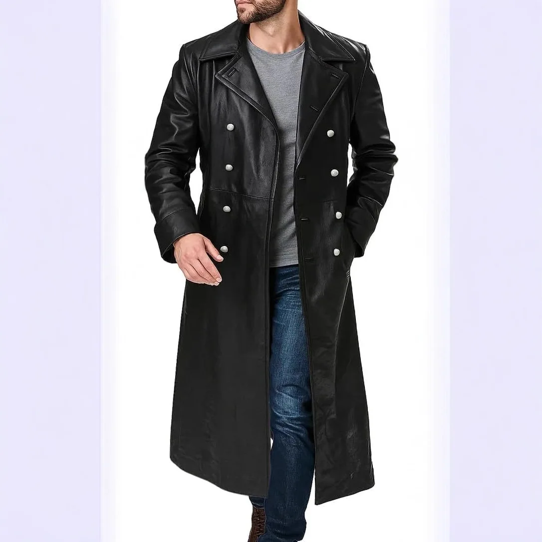Men's Double-Breasted Black Leather Windbreaker Vintage Classic Officer Uniform Long Jacket