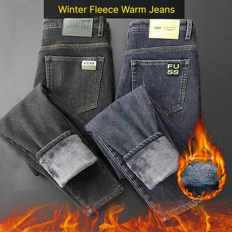 Men Autumn Winter Fleece Lined Warm Jeans Straight Leg Versatile Daily Washed Denim Long Pants Fashion Classic Commute Trousers