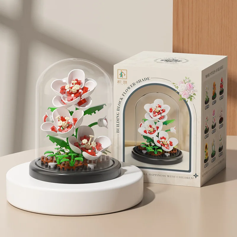 

Flower Bouquet Building Blocks Plastic Plant Bonsai Battery Powered Building Toys Lighted Base with Dust Cover Desktop Ornaments