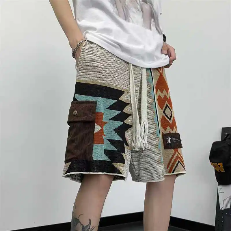 

American Vintage Patchwork Knit Shorts For Men Navajo Embroidery Geometric Knitting Short Pant Summer Oversize Loose Shorts Fat
