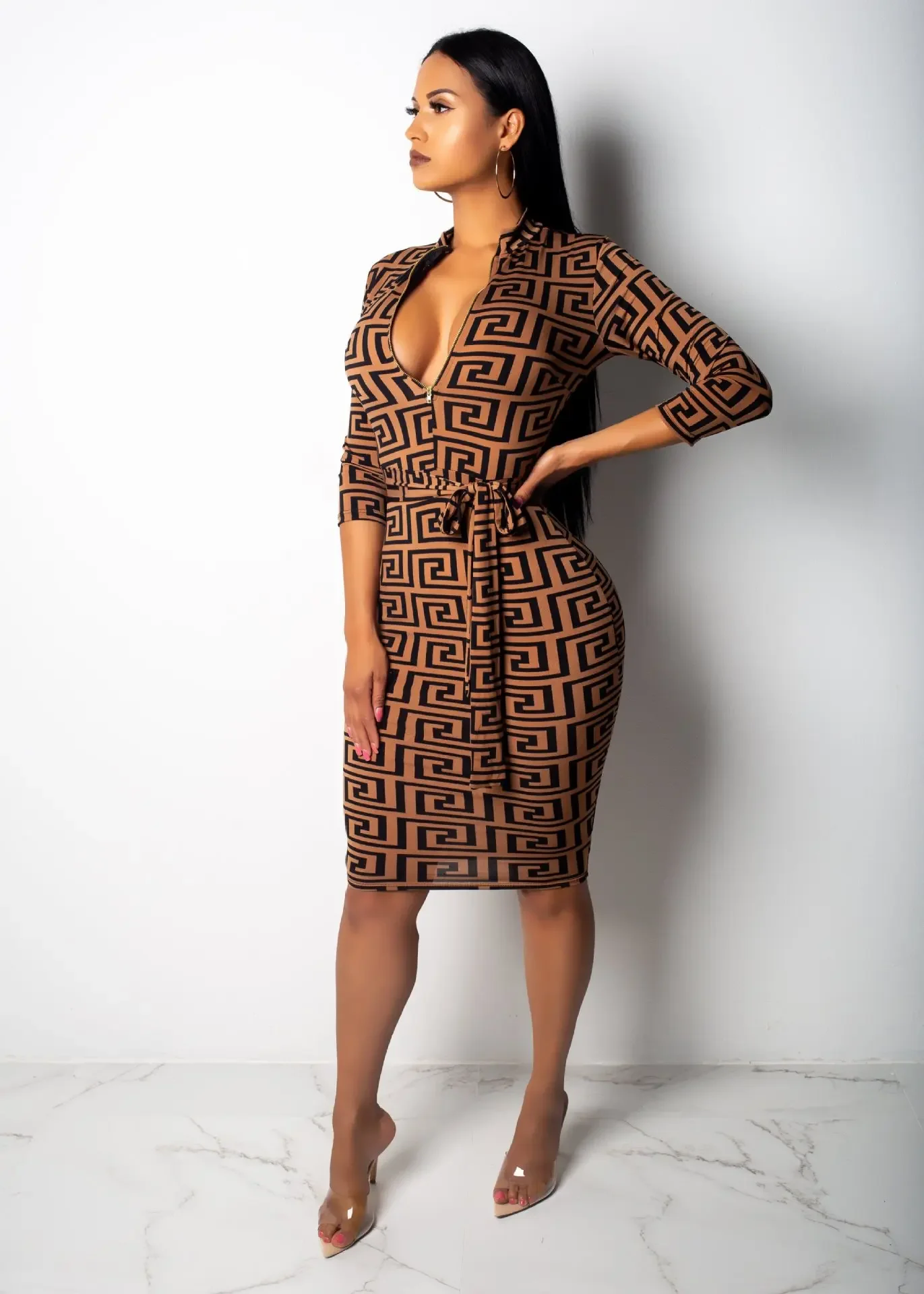 Frauen Herbst Sommer Eleganten Druck Schlank Hohe Taille Kleid Büro Dame Langarm Midi Plaid V-ausschnitt Party