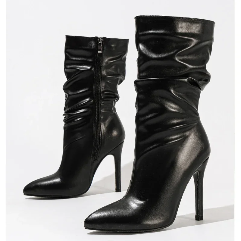 Eilyken Design Sexy Pleated Pointed Toe Zipper Women Ankle Boots Fashion Thin High Heels Stripper Modern Booties Shoes