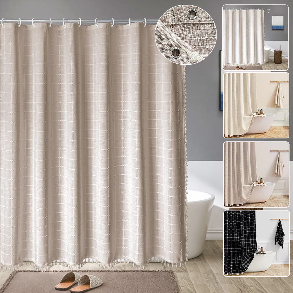 2024 Bathroom Shower Curtain  Waterproof Mildew-proof Bathroom Curtains Grid Tassel Shower Curtain Window Curtains Bath Curtain