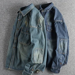 Sleeve patch splicing heavy wash to make old vintage denim shirt for men loose stiff trend youth shirt