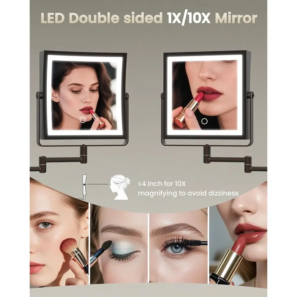 مرآة مكياج LED مزدوجة الجوانب مع بطارية 4000 مللي أمبير في الساعة، 360 درجة ° ذراع قابل للدوران، أضواء 3 ألوان قابلة للتعتيم باللمس، تكبير 1X/10X، Oi #5