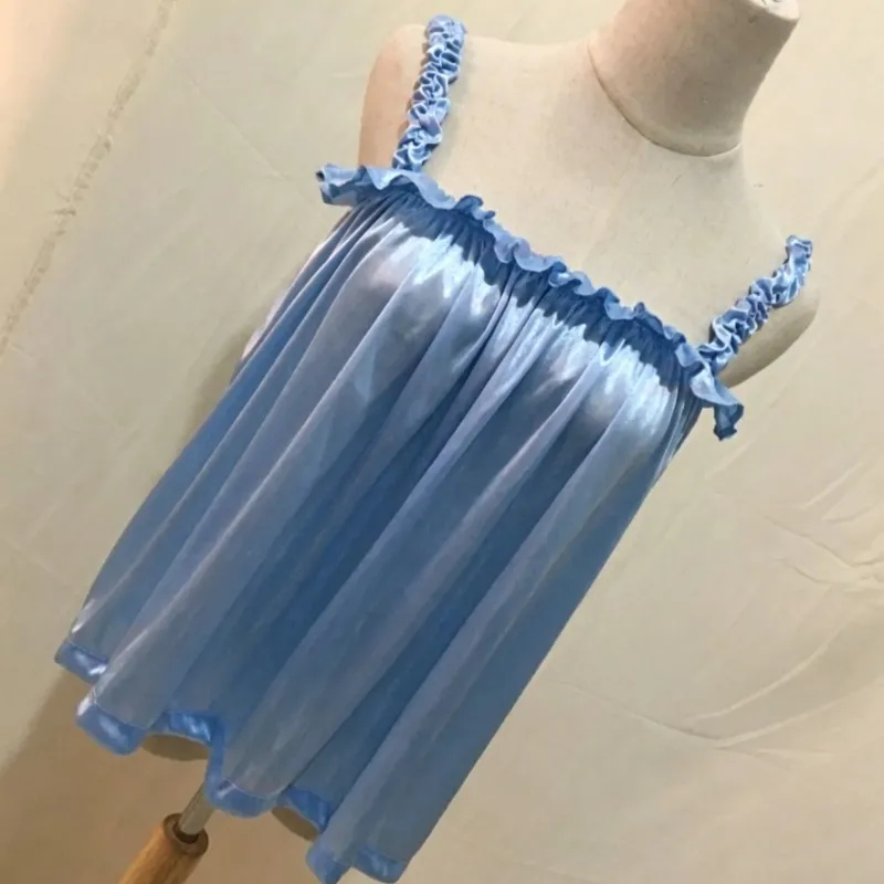 Summer Soft Silky Glossy Ruffle Spaghetti Strap Tank Top Shiny Party Club Vest Outerwears Women Sleeping Camisole Top