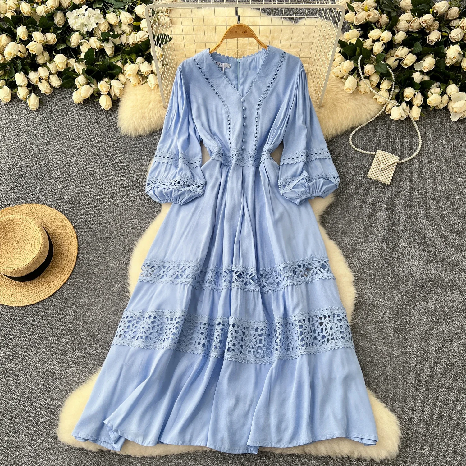 Chic Korean Hollow Out Lace Spliced Sexy V-neck Long Lantern Sleeve Slim Dress Vintage Women High Street Autumn Winter Clothing