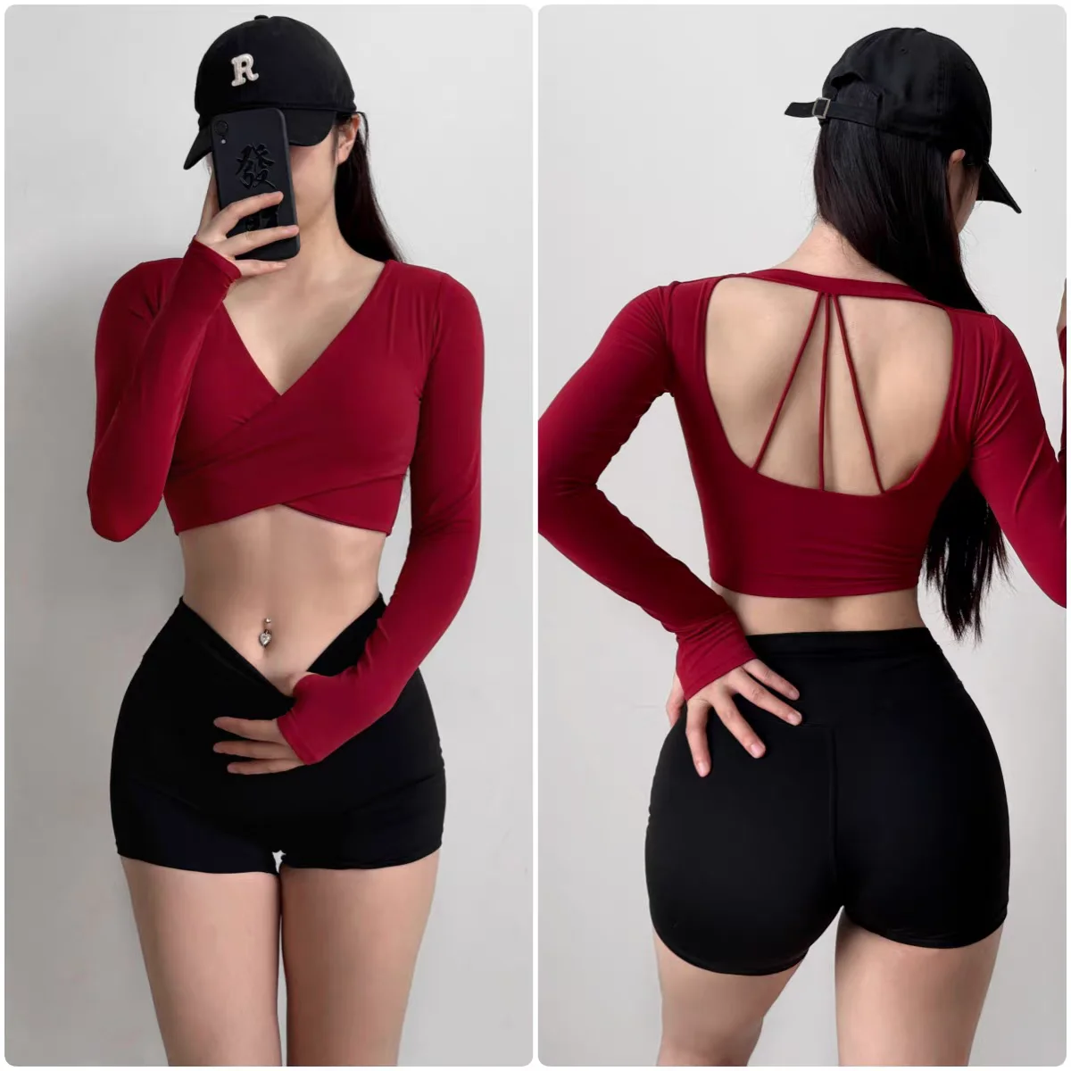 Damen Sexy V-Ausschnitt Langarm Yoga Sport T-Shirt Rückenfrei Abnehmen Gepolstertes Pilates Top Kurze Sportabdeckung für Fitness Shirt