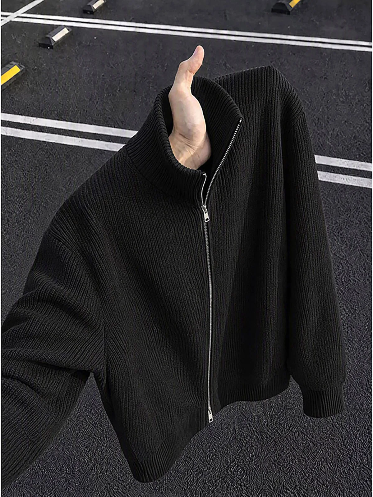 Gray Double Zipper Knitted Jacket Men's Loose Fit Autumn Winter Stand Collar Cardigan American Style Long Sleeve Basic  ...