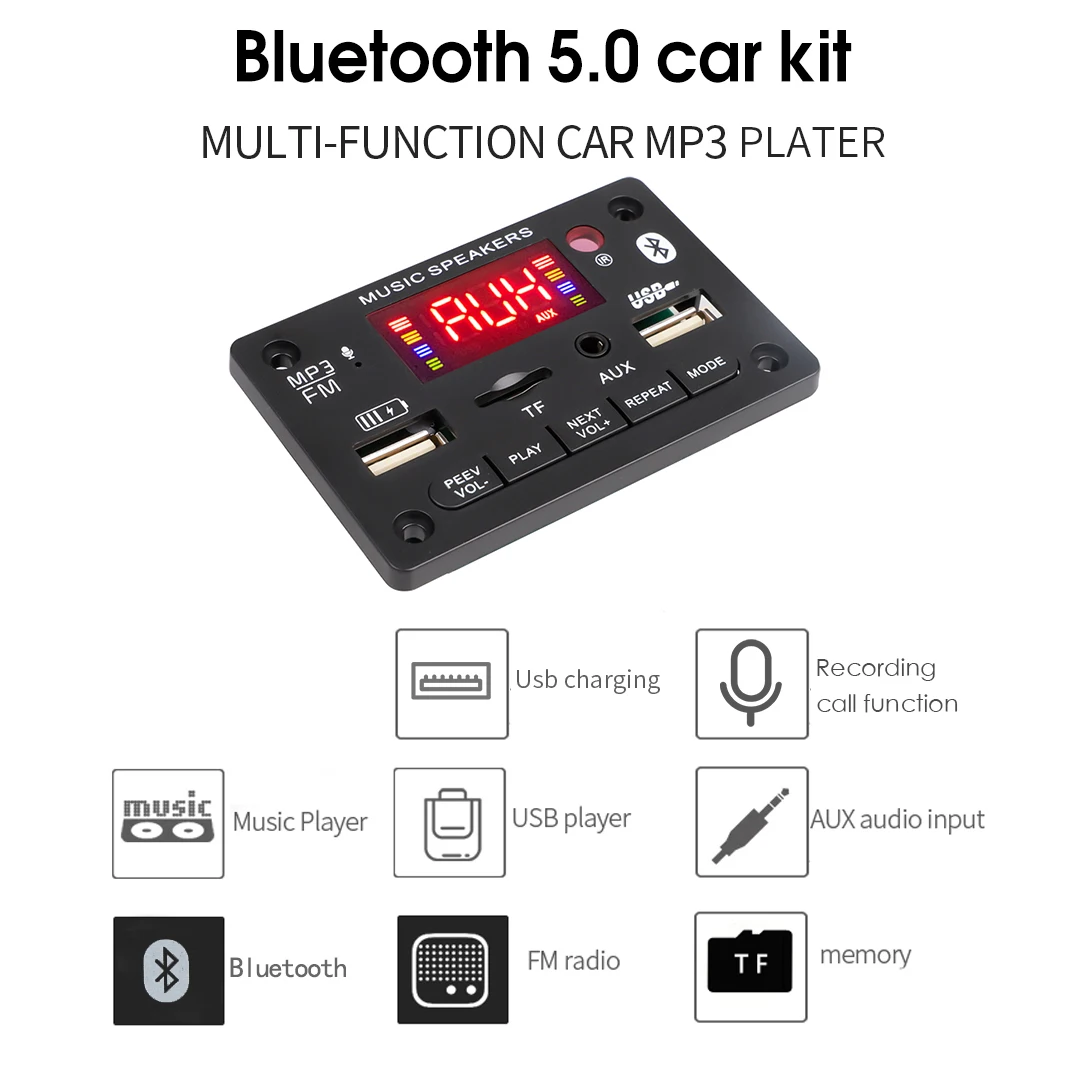 2*40W Amplifier with Charging Fuction Bluetooth MP3 Decoder Board Wireless FM Radio Modul Car MP3 Player Support Call Recording